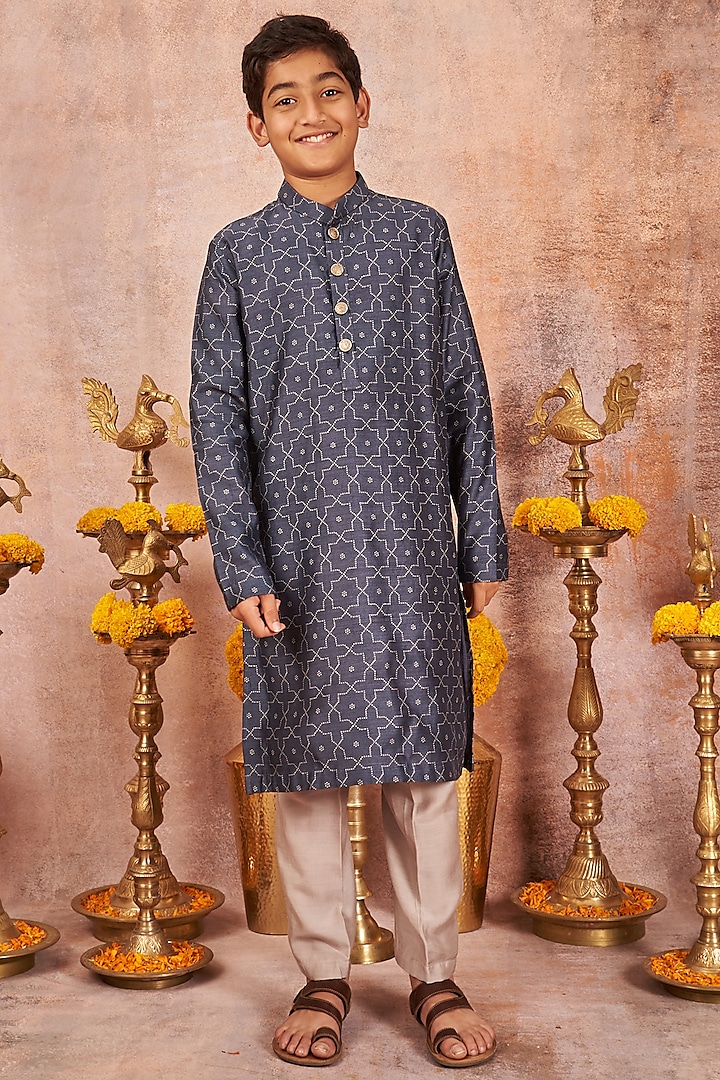 Navy Blue Moonga Silk Printed Kurta Set For Boys by All Boy Couture