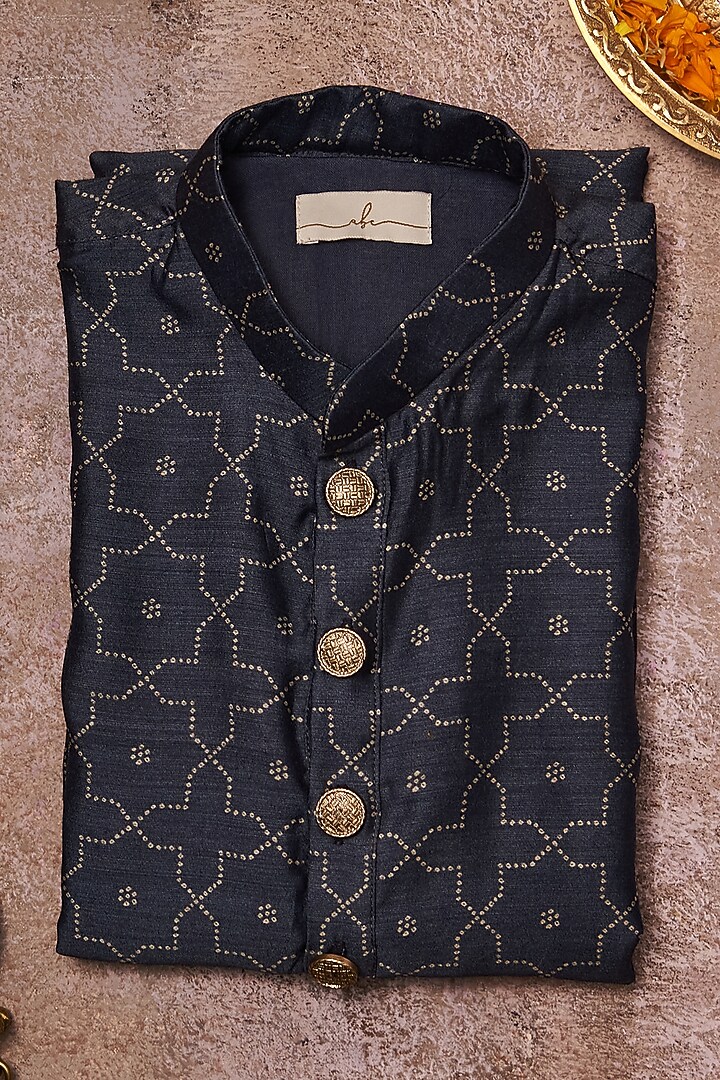Navy Blue Moonga Silk Printed Kurta Set For Boys by All Boy Couture at Pernia's Pop Up Shop