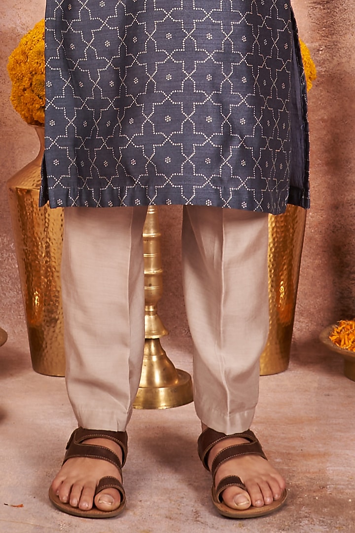 Navy Blue Moonga Silk Printed Kurta Set For Boys by All Boy Couture at Pernia's Pop Up Shop
