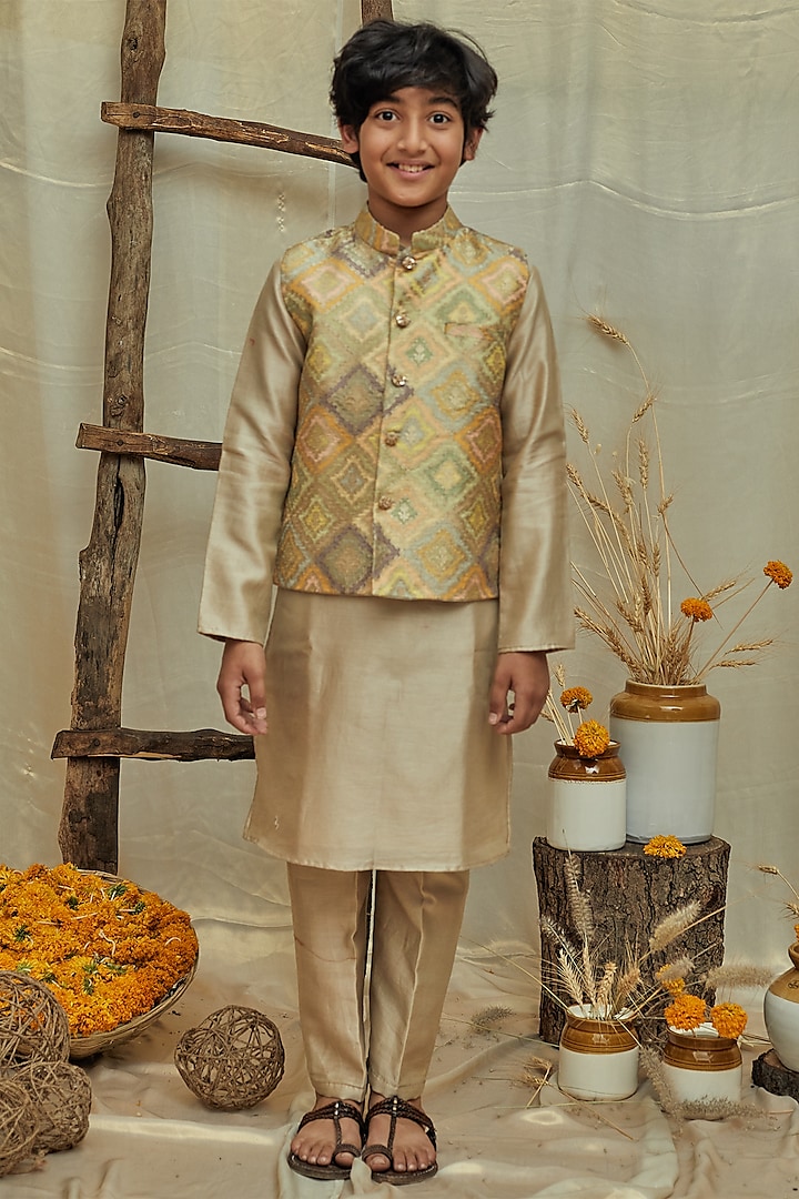 Beige Silk Chanderi Jacket With Kurta Set For Boys by All Boy Couture at Pernia's Pop Up Shop