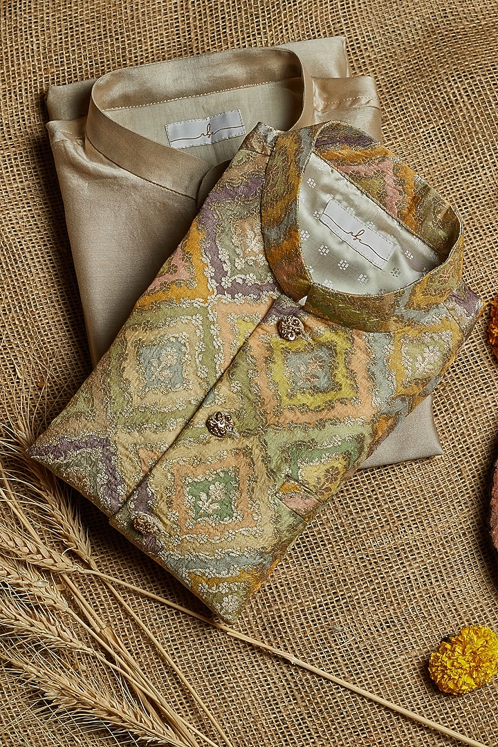 Beige Silk Chanderi Jacket With Kurta Set For Boys by All Boy Couture at Pernia's Pop Up Shop