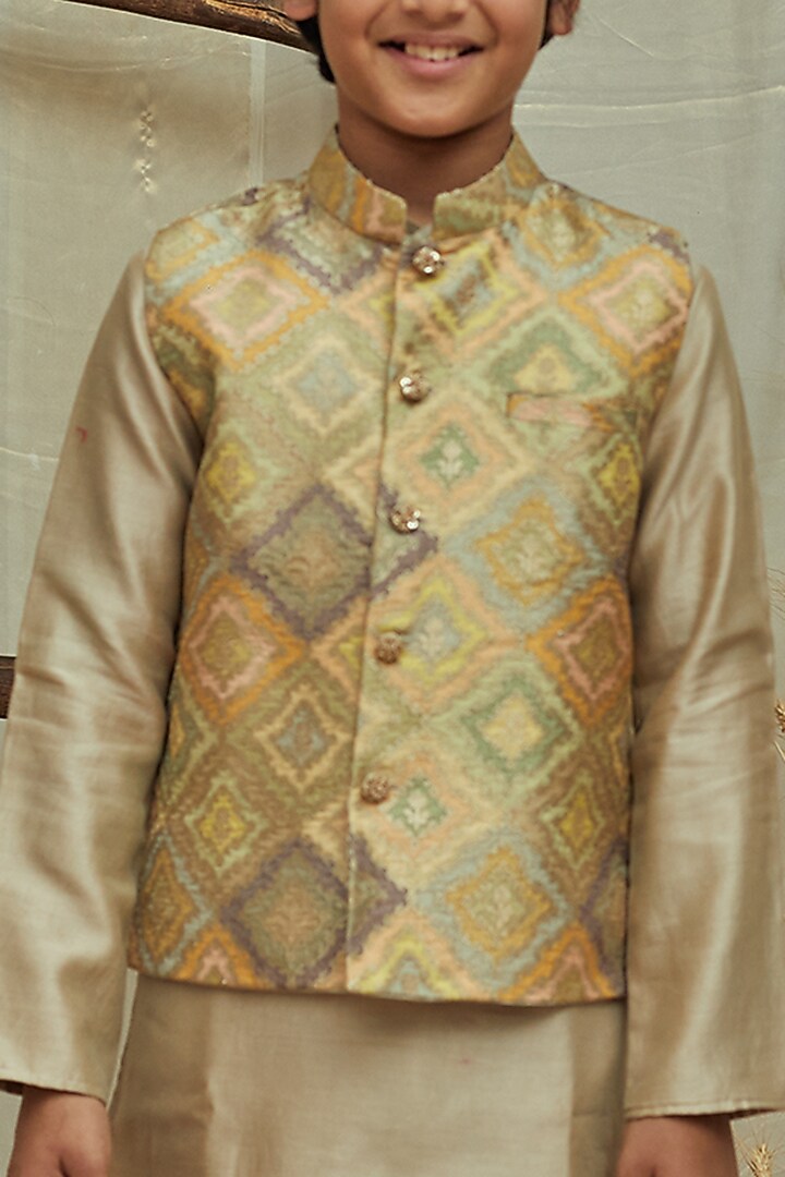 Beige Silk Chanderi Jacket With Kurta Set For Boys by All Boy Couture at Pernia's Pop Up Shop