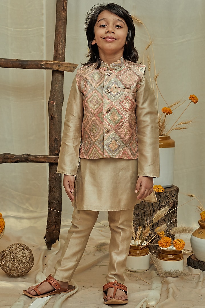 Beige Silk Chanderi Jacket With Kurta Set For Boys by All Boy Couture