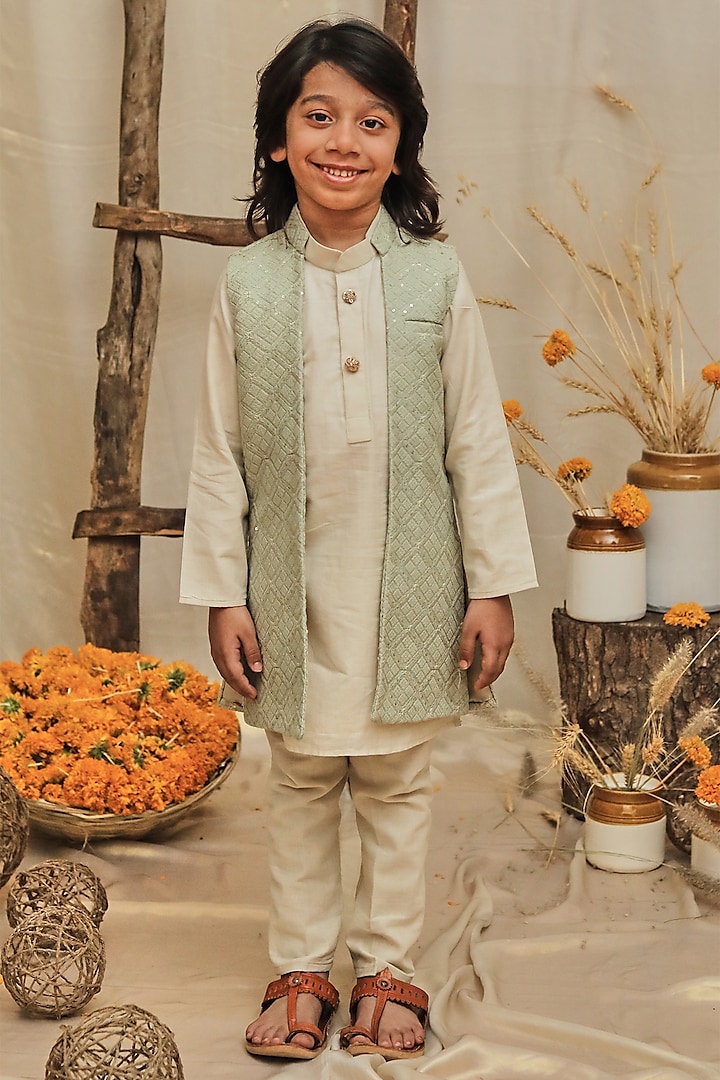 Pista Green Silk Slub Lucknowi Jacket With Kurta Set For Boys by All Boy Couture