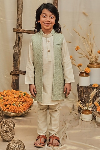 Pista Green Silk Slub Lucknowi Jacket With Kurta Set For Boys by All Boy Couture