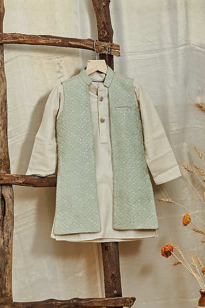 Pista Green Silk Slub Lucknowi Jacket With Kurta Set For Boys by All Boy Couture at Pernia's Pop Up Shop