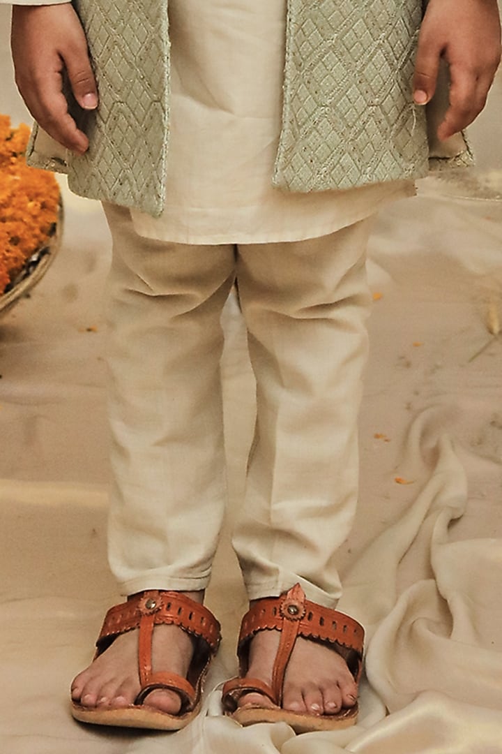 Pista Green Silk Slub Lucknowi Jacket With Kurta Set For Boys by All Boy Couture at Pernia's Pop Up Shop
