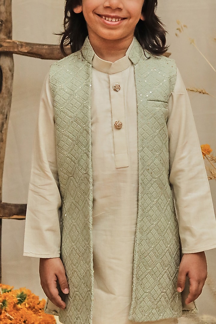 Pista Green Silk Slub Lucknowi Jacket With Kurta Set For Boys by All Boy Couture at Pernia's Pop Up Shop