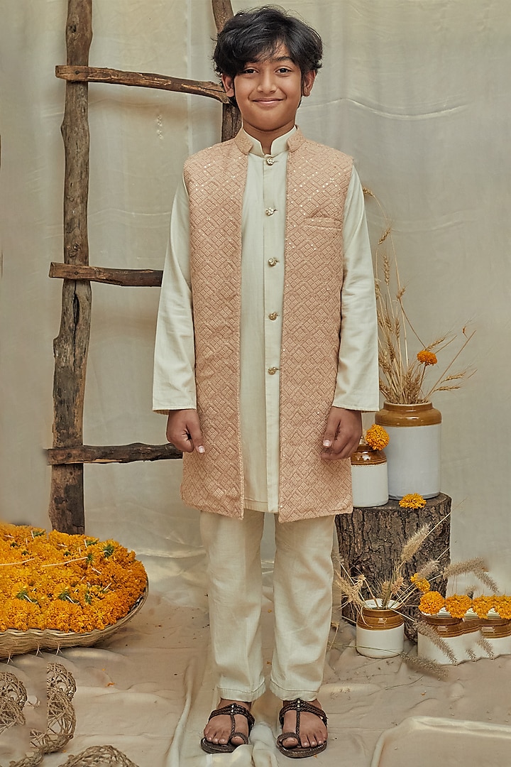 Rose Pink Silk Slub Lucknowi Jacket With Kurta Set For Boys by All Boy Couture