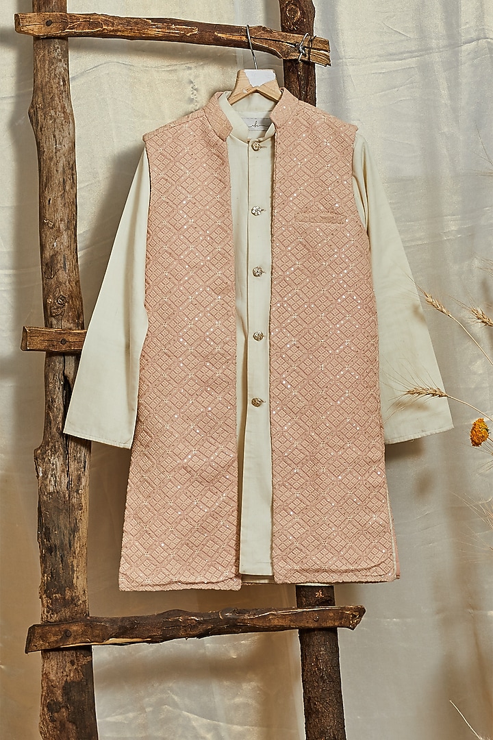 Rose Pink Silk Slub Lucknowi Jacket With Kurta Set For Boys by All Boy Couture at Pernia's Pop Up Shop