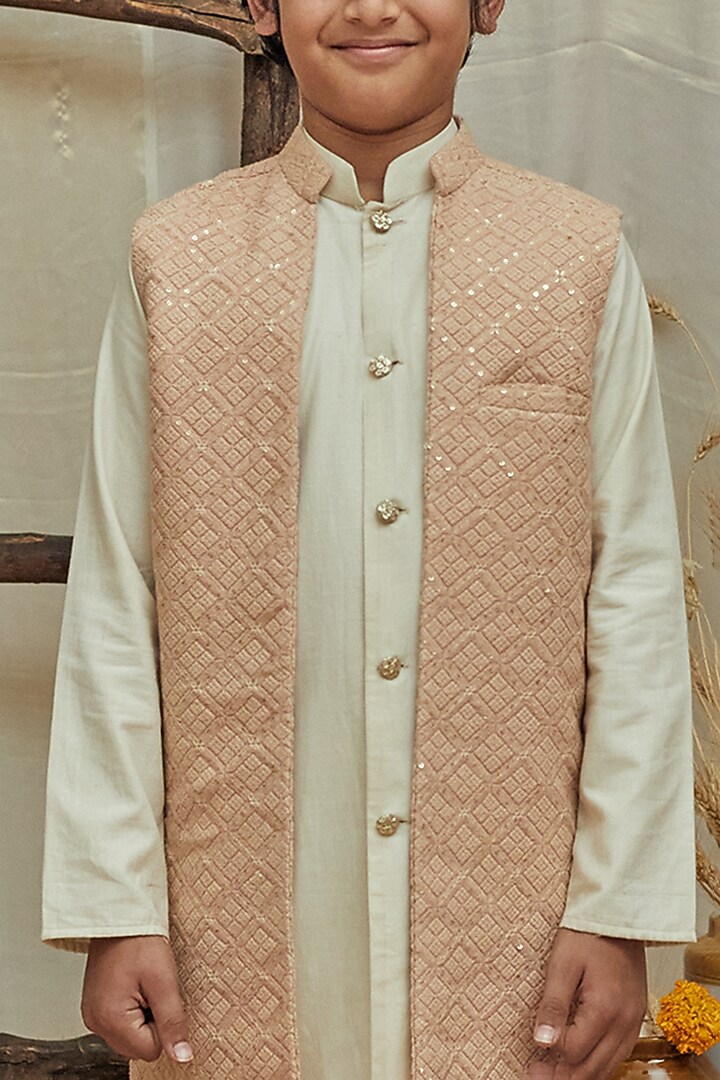 Rose Pink Silk Slub Lucknowi Jacket With Kurta Set For Boys by All Boy Couture at Pernia's Pop Up Shop