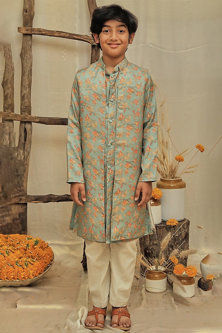 Teal Blue Cotton Silk Printed Jacket With Kurta Set For Boys by All Boy Couture
