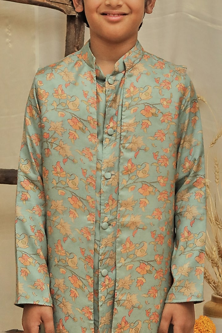 Teal Blue Cotton Silk Printed Jacket With Kurta Set For Boys by All Boy Couture at Pernia's Pop Up Shop