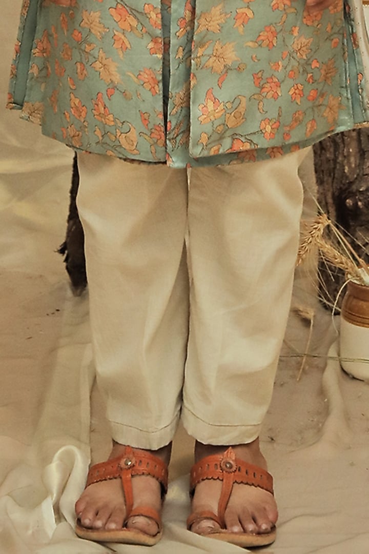 Teal Blue Cotton Silk Printed Jacket With Kurta Set For Boys by All Boy Couture at Pernia's Pop Up Shop