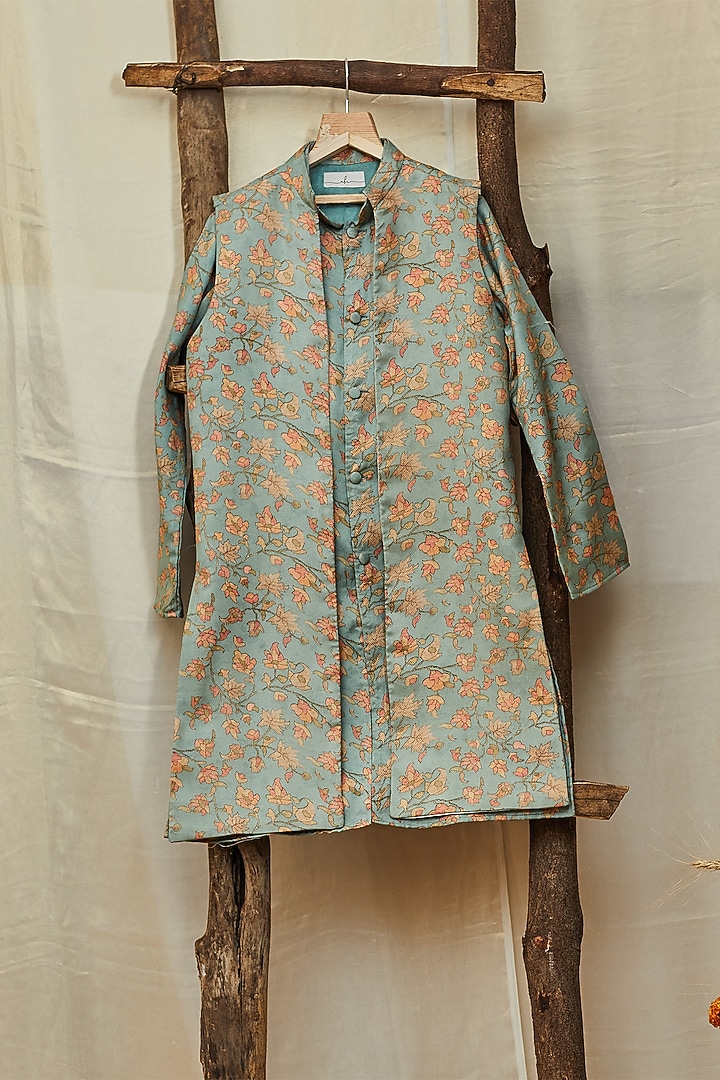 Teal Blue Cotton Silk Printed Jacket With Kurta Set For Boys by All Boy Couture at Pernia's Pop Up Shop