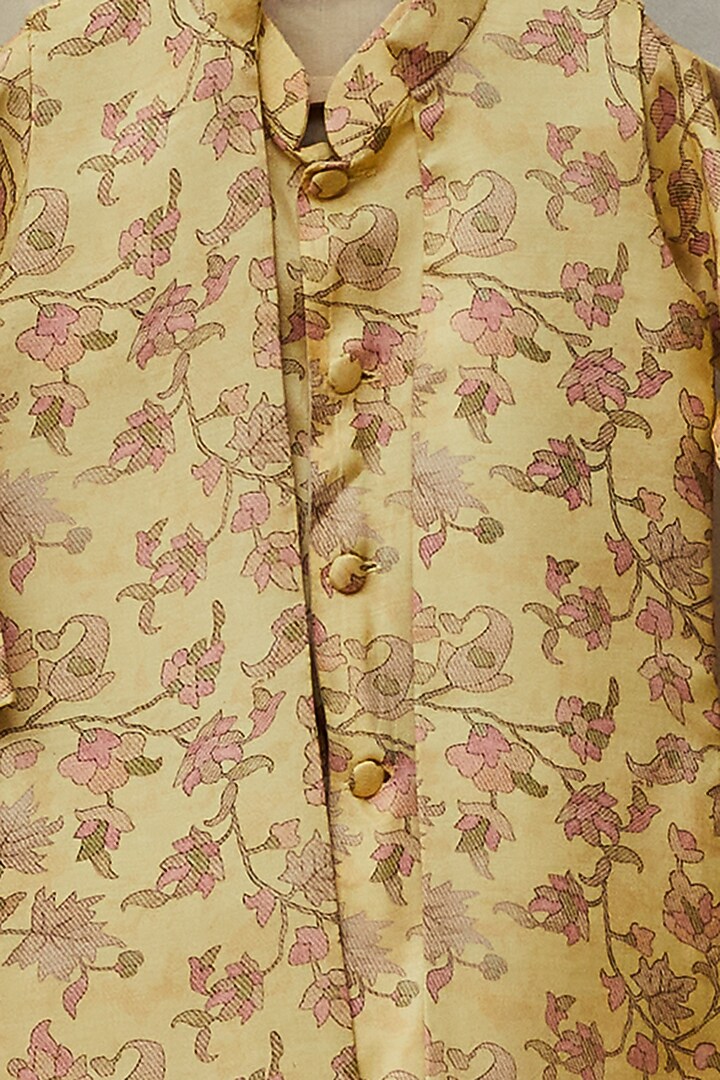 Lemon Yellow Cotton Silk Printed Jacket With Kurta Set For Boys by All Boy Couture at Pernia's Pop Up Shop