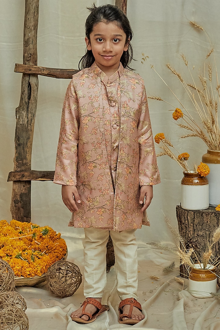 Baby Pink Cotton Silk Printed Jacket With Kurta Set For Boys by All Boy Couture