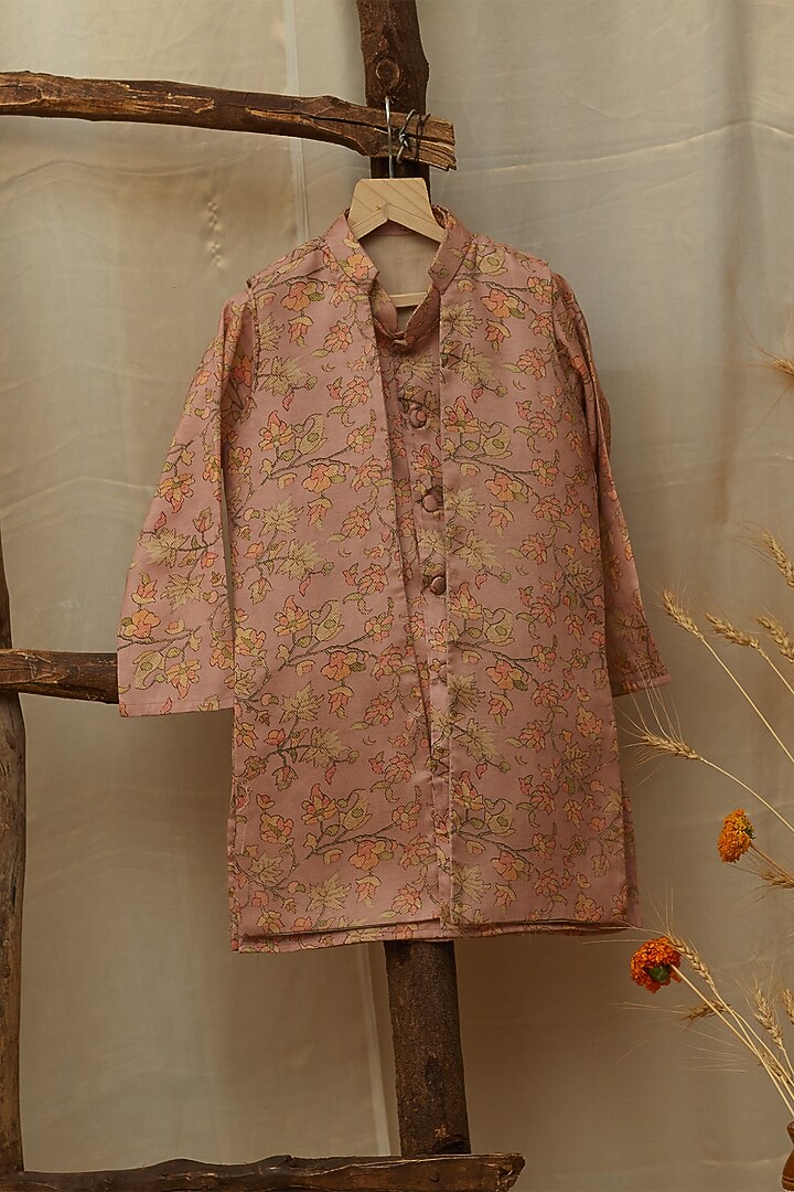Baby Pink Cotton Silk Printed Jacket With Kurta Set For Boys by All Boy Couture at Pernia's Pop Up Shop