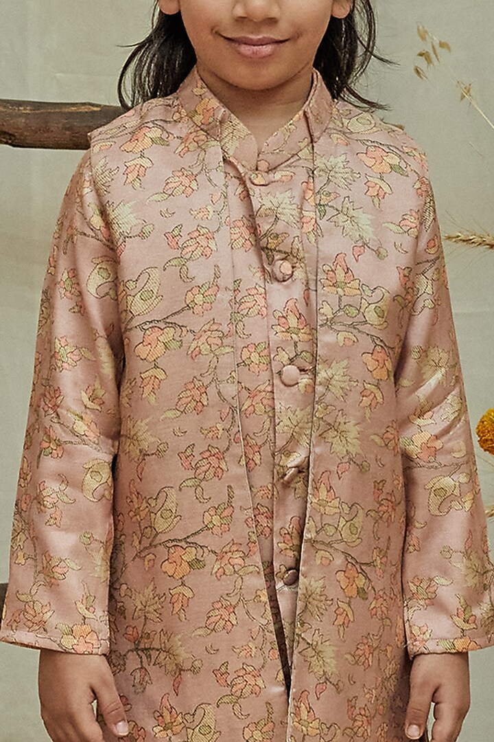 Baby Pink Cotton Silk Printed Jacket With Kurta Set For Boys by All Boy Couture at Pernia's Pop Up Shop