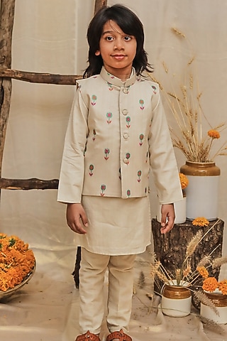 Light Beige Moonga Silk Printed Jacket With Kurta Set For Boys by All Boy Couture