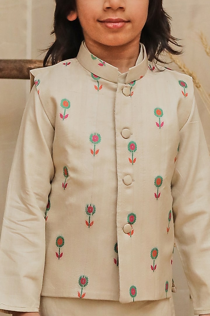 Light Beige Moonga Silk Printed Jacket With Kurta Set For Boys by All Boy Couture at Pernia's Pop Up Shop