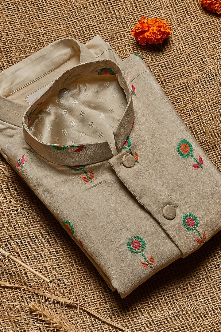 Light Beige Moonga Silk Printed Jacket With Kurta Set For Boys by All Boy Couture at Pernia's Pop Up Shop