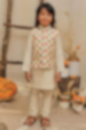 Light Beige Moonga Silk Printed Jacket With Kurta Set For Boys by All Boy Couture