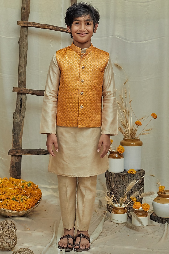 Yellow Banarasi Silk Jacket With Kurta Set For Boys by All Boy Couture