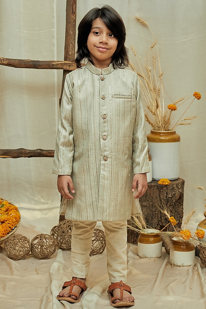 Light Beige Moonga Silk Achkan Kurta Set For Boys by All Boy Couture