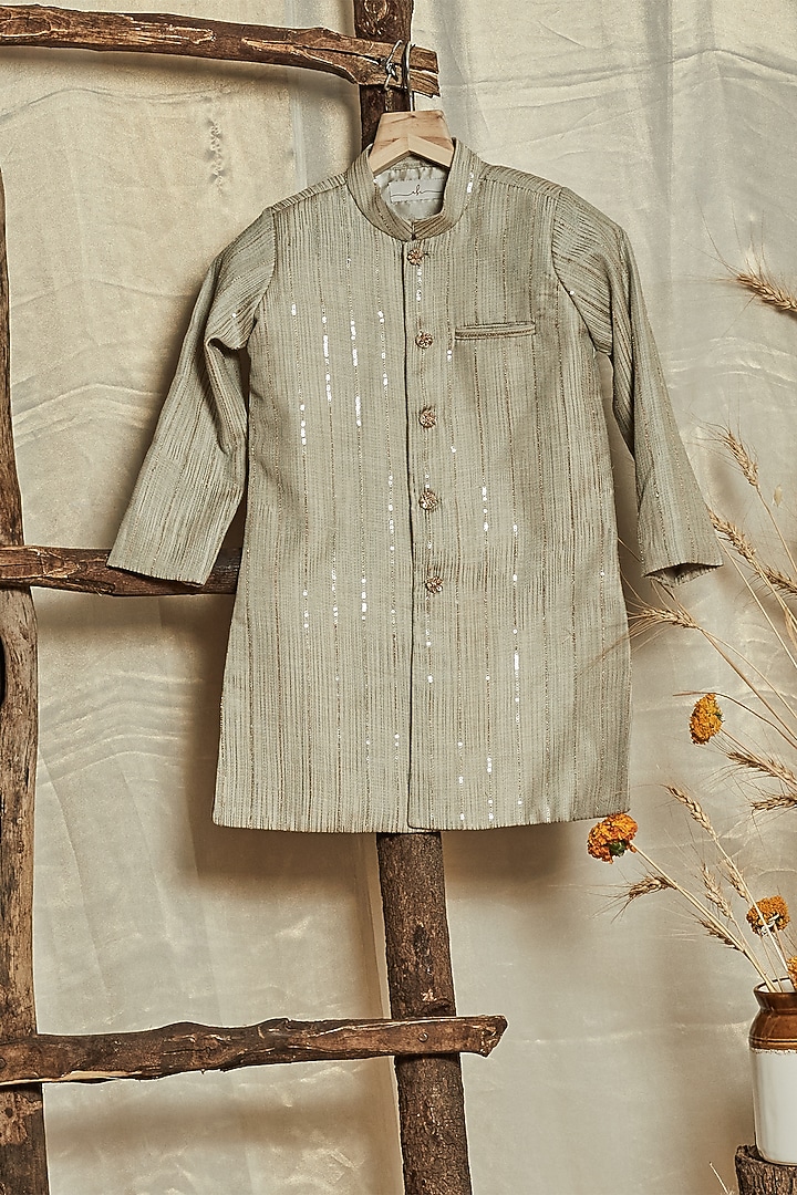 Light Beige Moonga Silk Achkan Kurta Set For Boys by All Boy Couture at Pernia's Pop Up Shop