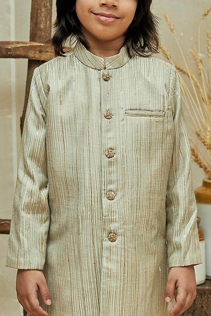 Light Beige Moonga Silk Achkan Kurta Set For Boys by All Boy Couture at Pernia's Pop Up Shop