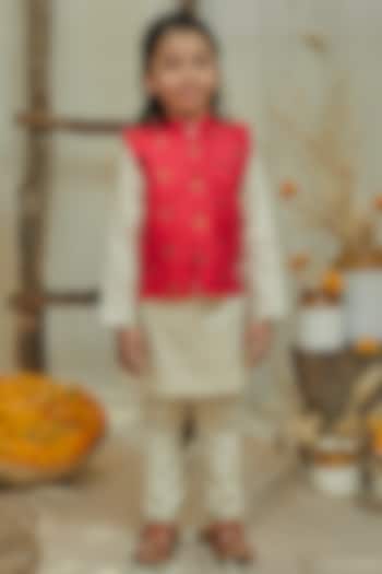 Dark Pink Banarasi Silk Jacket With Kurta Set For Boys by All Boy Couture at Pernia's Pop Up Shop
