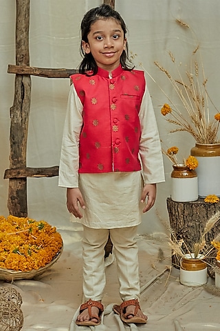 Dark Pink Banarasi Silk Jacket With Kurta Set For Boys by All Boy Couture