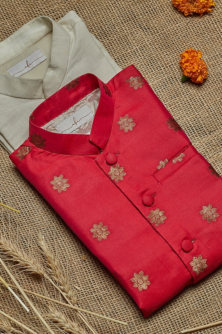 Dark Pink Banarasi Silk Jacket With Kurta Set For Boys by All Boy Couture at Pernia's Pop Up Shop