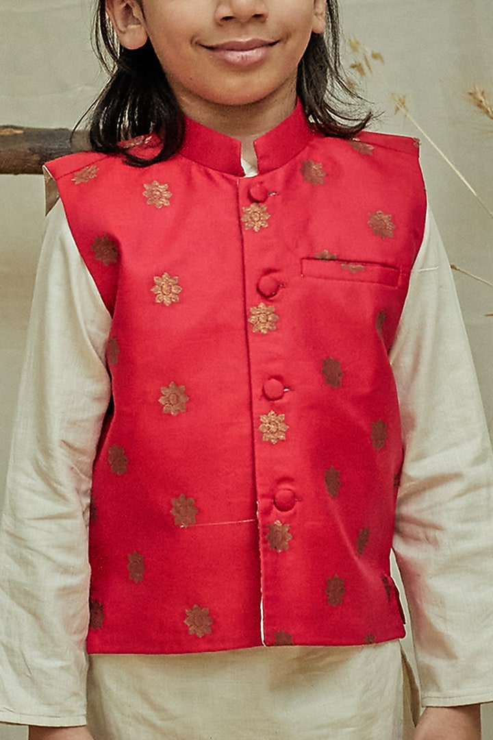 Dark Pink Banarasi Silk Jacket With Kurta Set For Boys by All Boy Couture at Pernia's Pop Up Shop