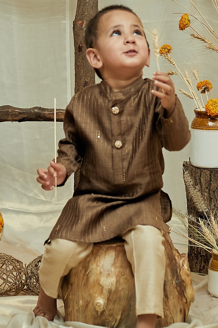 Brown Moonga Silk Embroidered Kurta Set For Boys by All Boy Couture