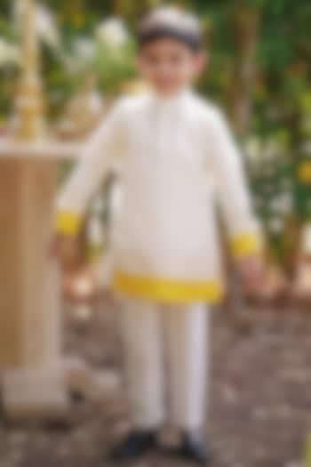 Off-White & Yellow Soft Linen Patch Work Kurta Set For Boys by All Boy Couture at Pernia's Pop Up Shop