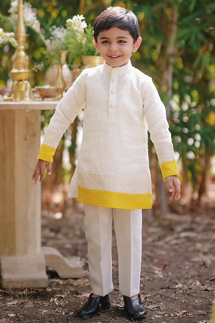 Off-White & Yellow Soft Linen Patch Work Kurta Set For Boys by All Boy Couture at Pernia's Pop Up Shop