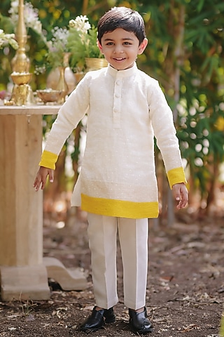 Off-White & Yellow Soft Linen Patch Work Kurta Set For Boys by All Boy Couture