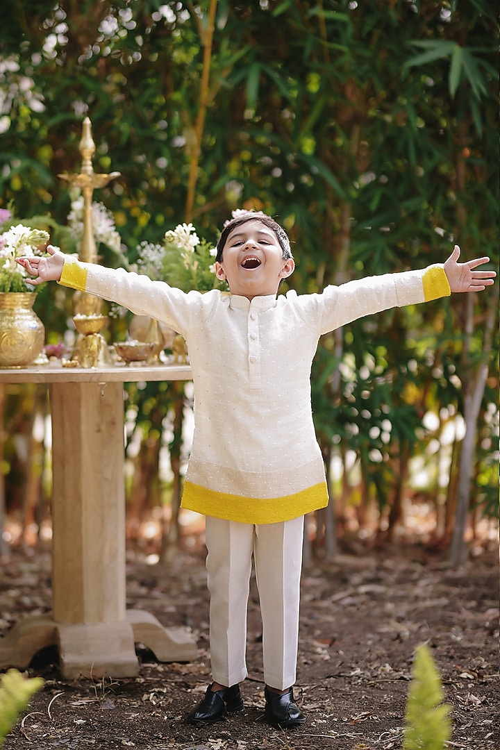 Off-White & Yellow Soft Linen Patch Work Kurta Set For Boys by All Boy Couture at Pernia's Pop Up Shop