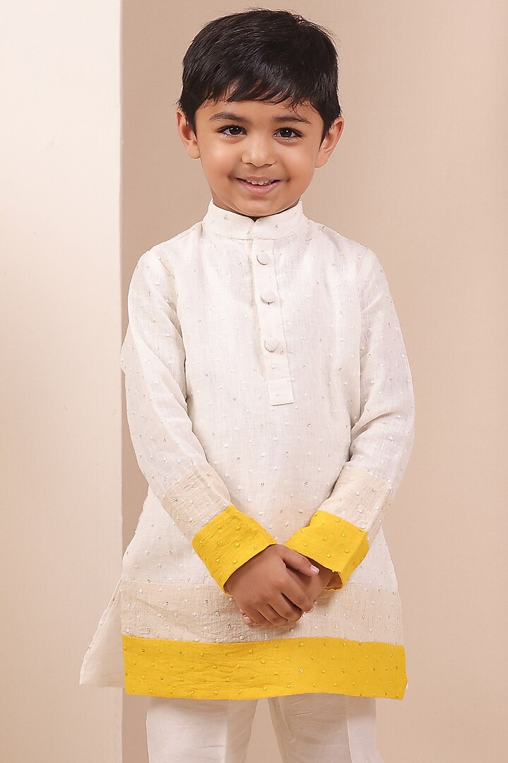 Off-White & Yellow Soft Linen Patch Work Kurta Set For Boys by All Boy Couture at Pernia's Pop Up Shop