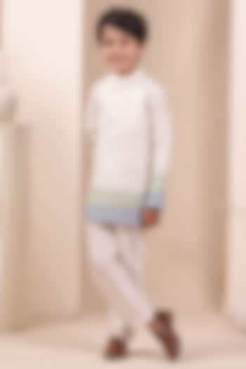 Off-White & Blue Soft Linen Patch Work Kurta Set For Boys by All Boy Couture at Pernia's Pop Up Shop