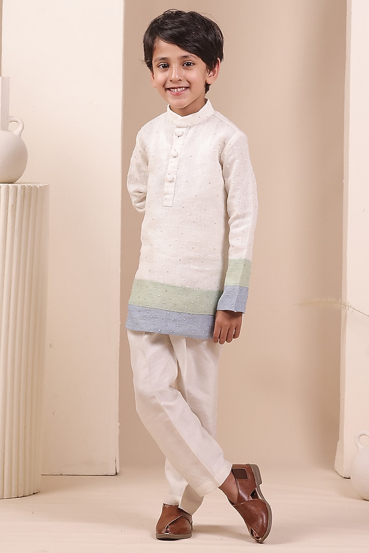Off-White & Blue Soft Linen Patch Work Kurta Set For Boys by All Boy Couture at Pernia's Pop Up Shop