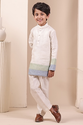 Off-White & Blue Soft Linen Patch Work Kurta Set For Boys by All Boy Couture