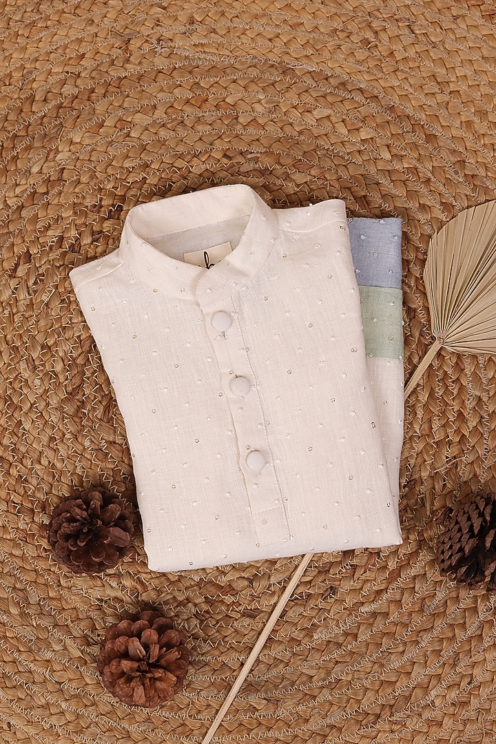 Off-White & Blue Soft Linen Patch Work Kurta Set For Boys by All Boy Couture at Pernia's Pop Up Shop