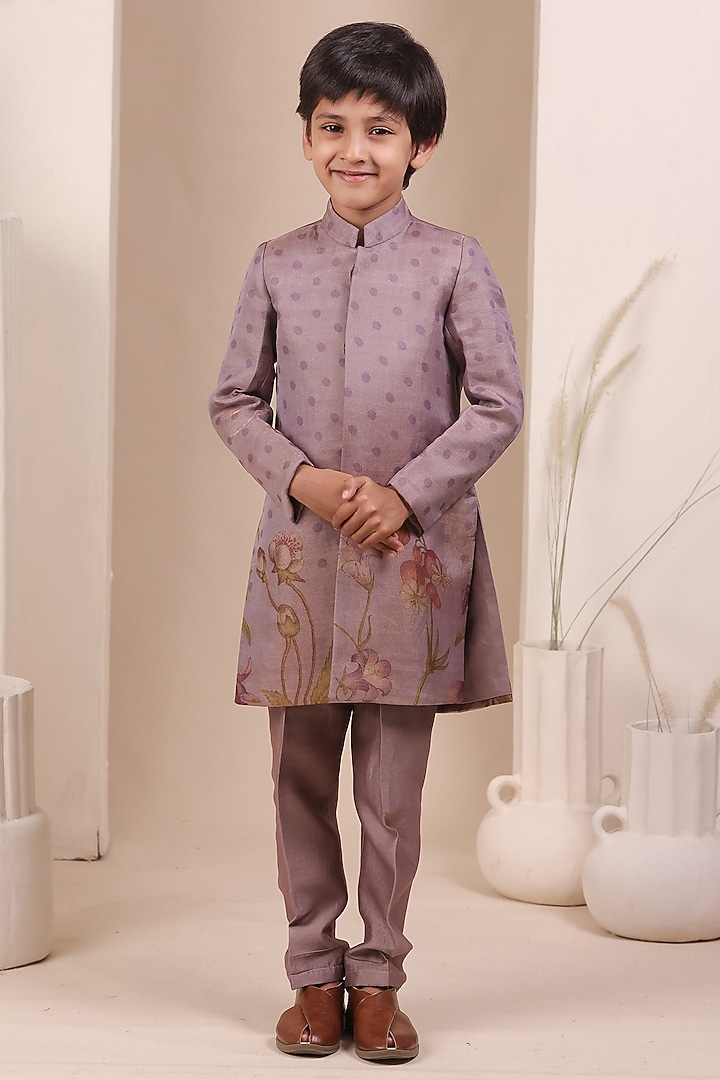 Lilac Tissue Silk Floral Motif Embroidered Achkan Set For Boys by All Boy Couture at Pernia's Pop Up Shop