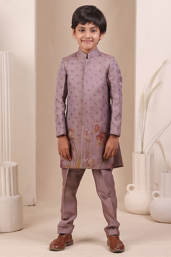 Lilac Tissue Silk Floral Motif Embroidered Achkan Set For Boys by All Boy Couture at Pernia's Pop Up Shop