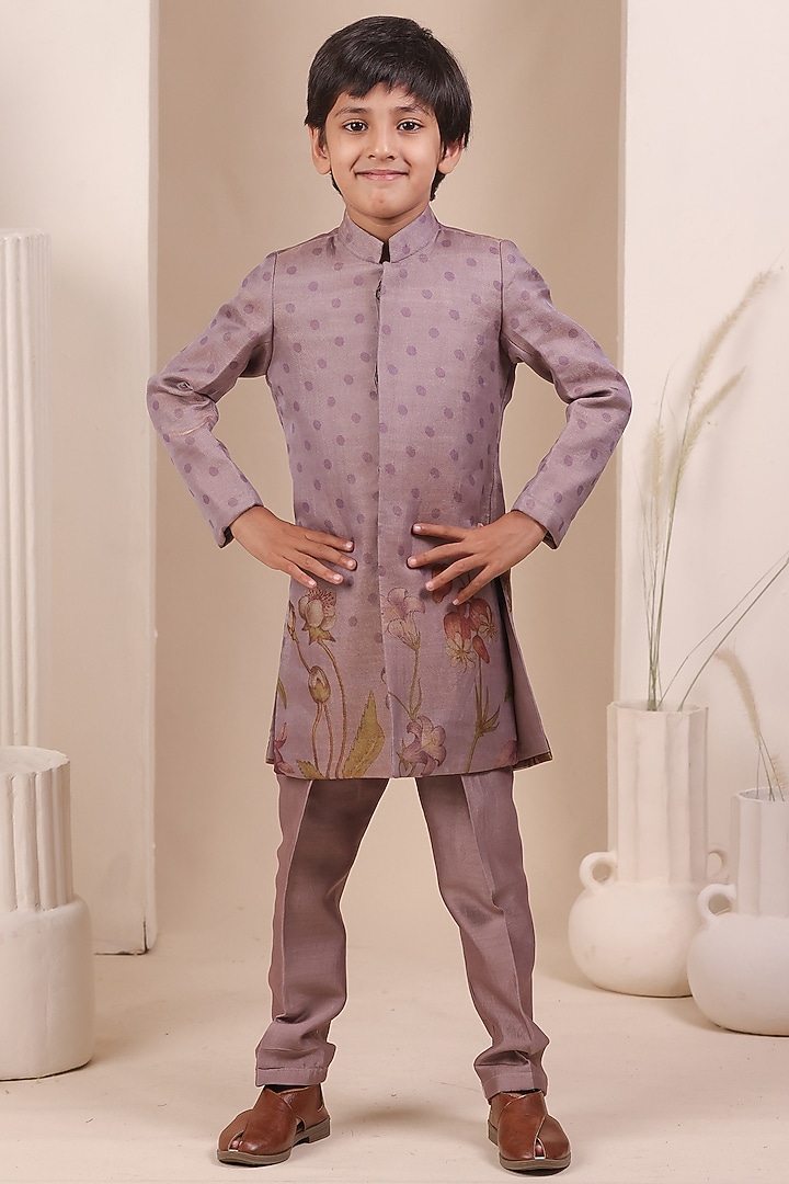 Lilac Tissue Silk Floral Motif Embroidered Achkan Set For Boys by All Boy Couture at Pernia's Pop Up Shop
