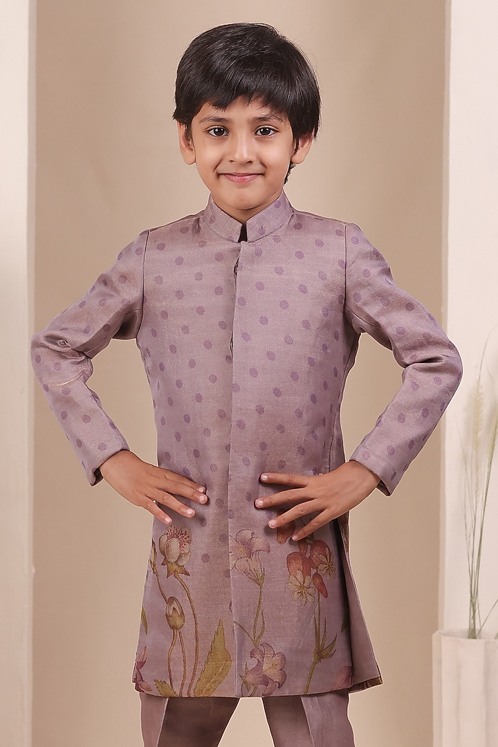 Lilac Tissue Silk Floral Motif Embroidered Achkan Set For Boys by All Boy Couture at Pernia's Pop Up Shop