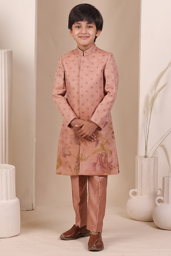 Onion Pink Tissue Silk Floral Motif Embroidered Achkan Set For Boys by All Boy Couture at Pernia's Pop Up Shop